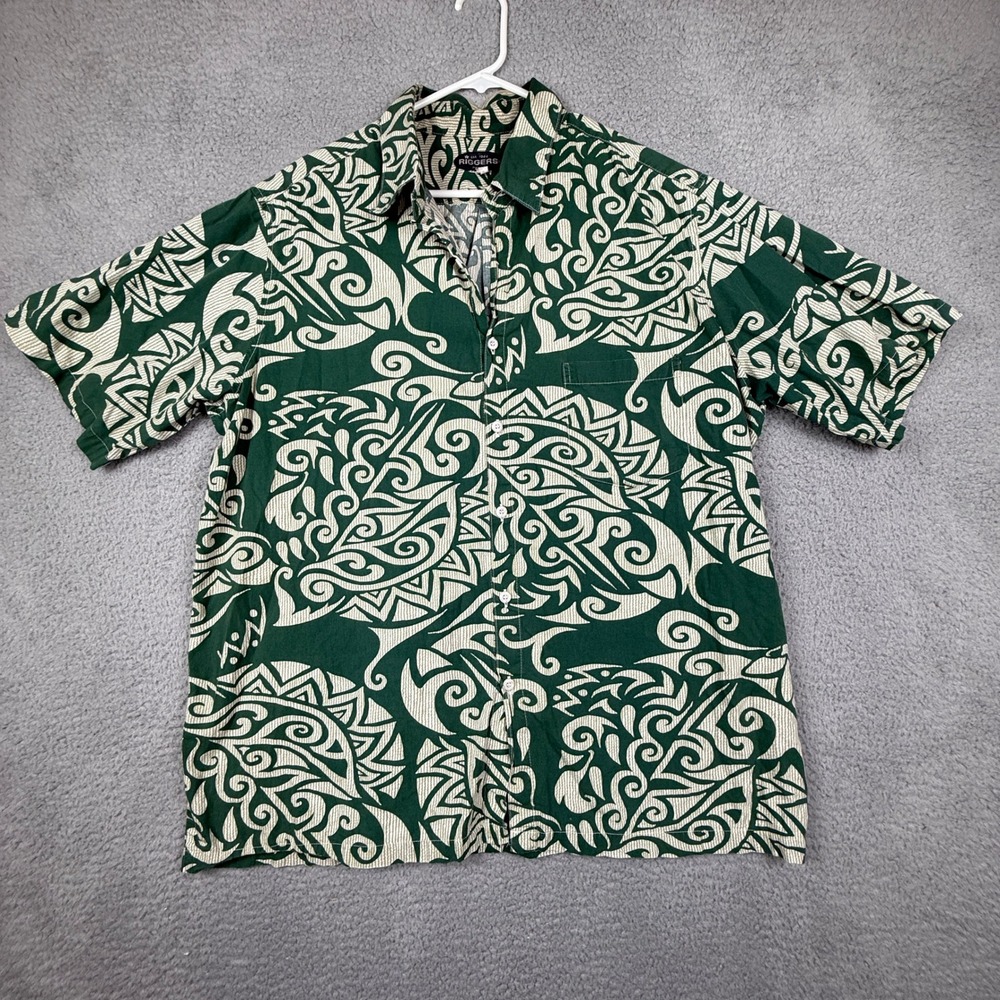 RIGGERS‎ HAWAII Mens Green Tribal Print Short Sleeve Button Up Shirt Est 1984